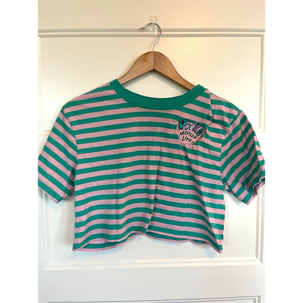 Nickelodeon Green Pink Stripe Rocko’s Modern Life Crew Neck Crop Tee Women's L
